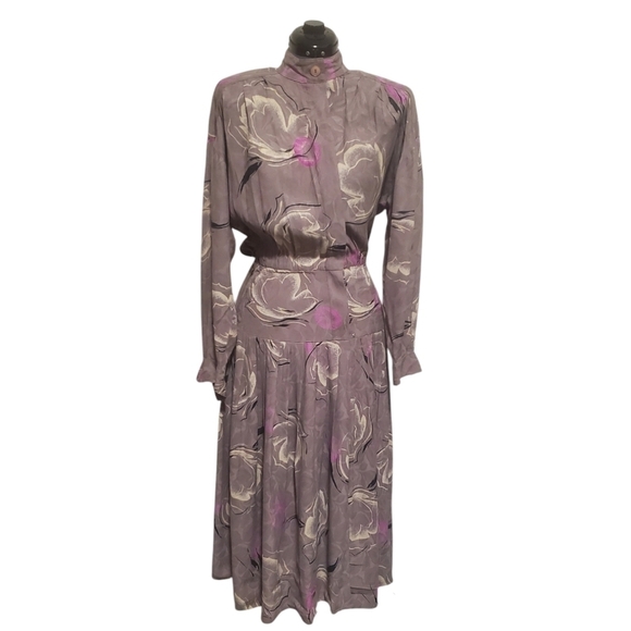 Vintage Dresses & Skirts - Vintage 80s Jackie Bernard for Eklectic Floral Midi Dress Gray Size Medium *